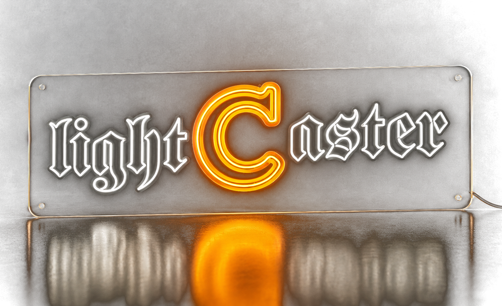 Неонова вивіска Light Caster — біле та помаранчеве світіння на прозорому акрилі